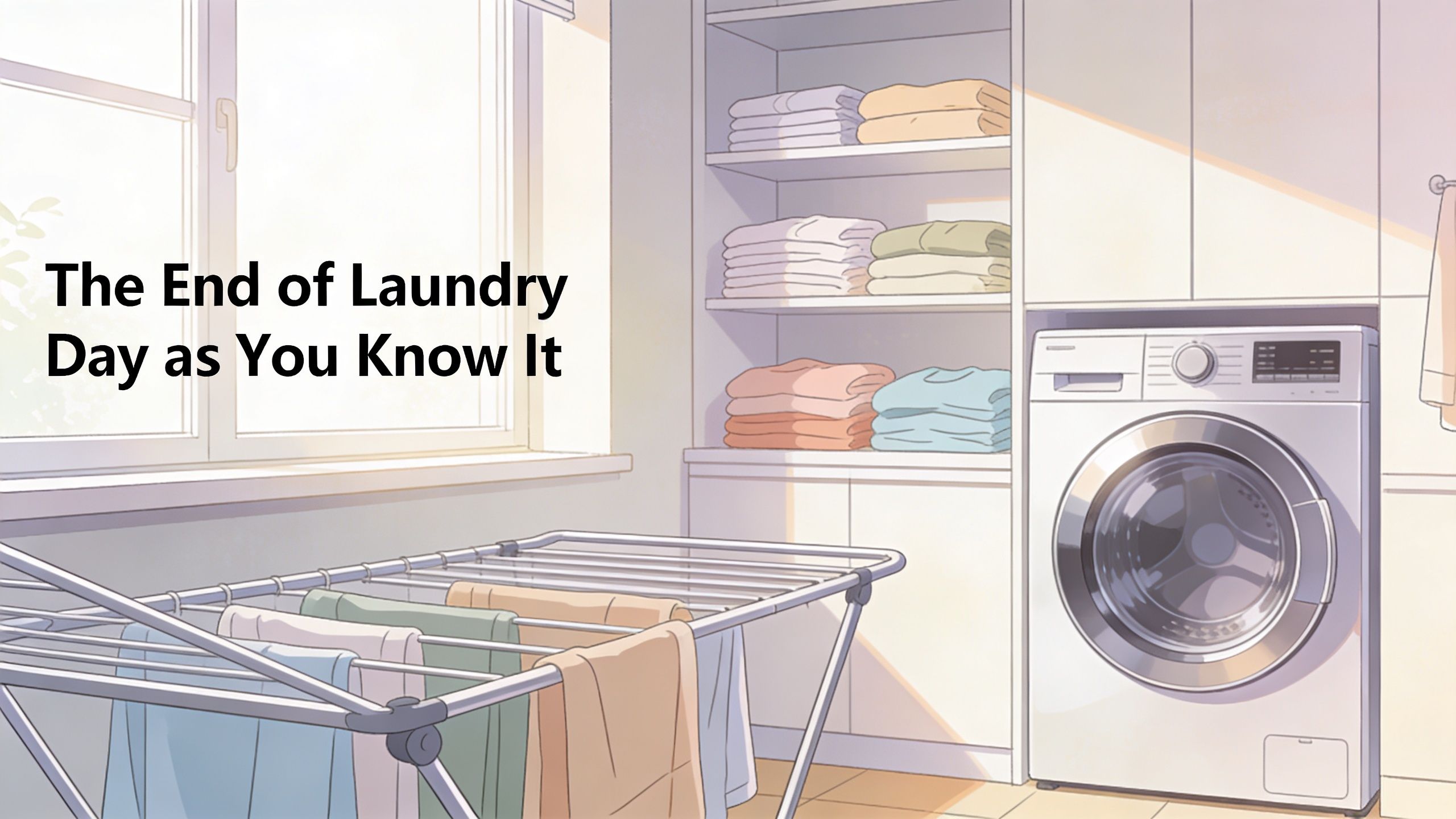 A bright, organized laundry room with folded clothes, a drying rack, and a modern washing machine.