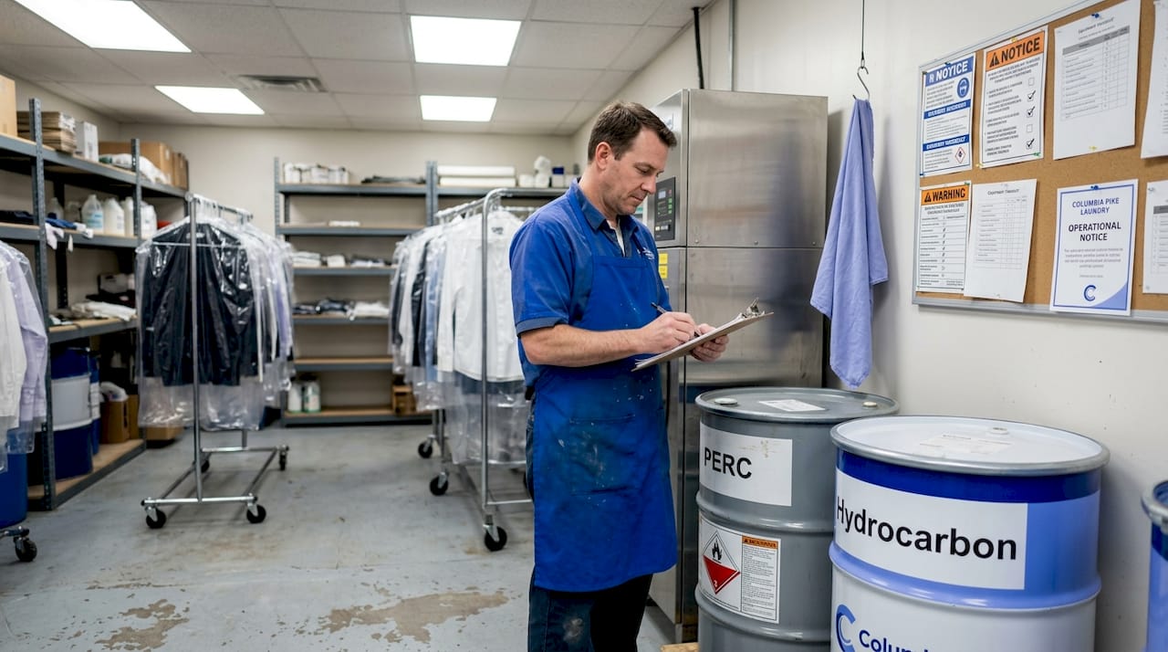 Dry cleaner reviews solvent options in workroom