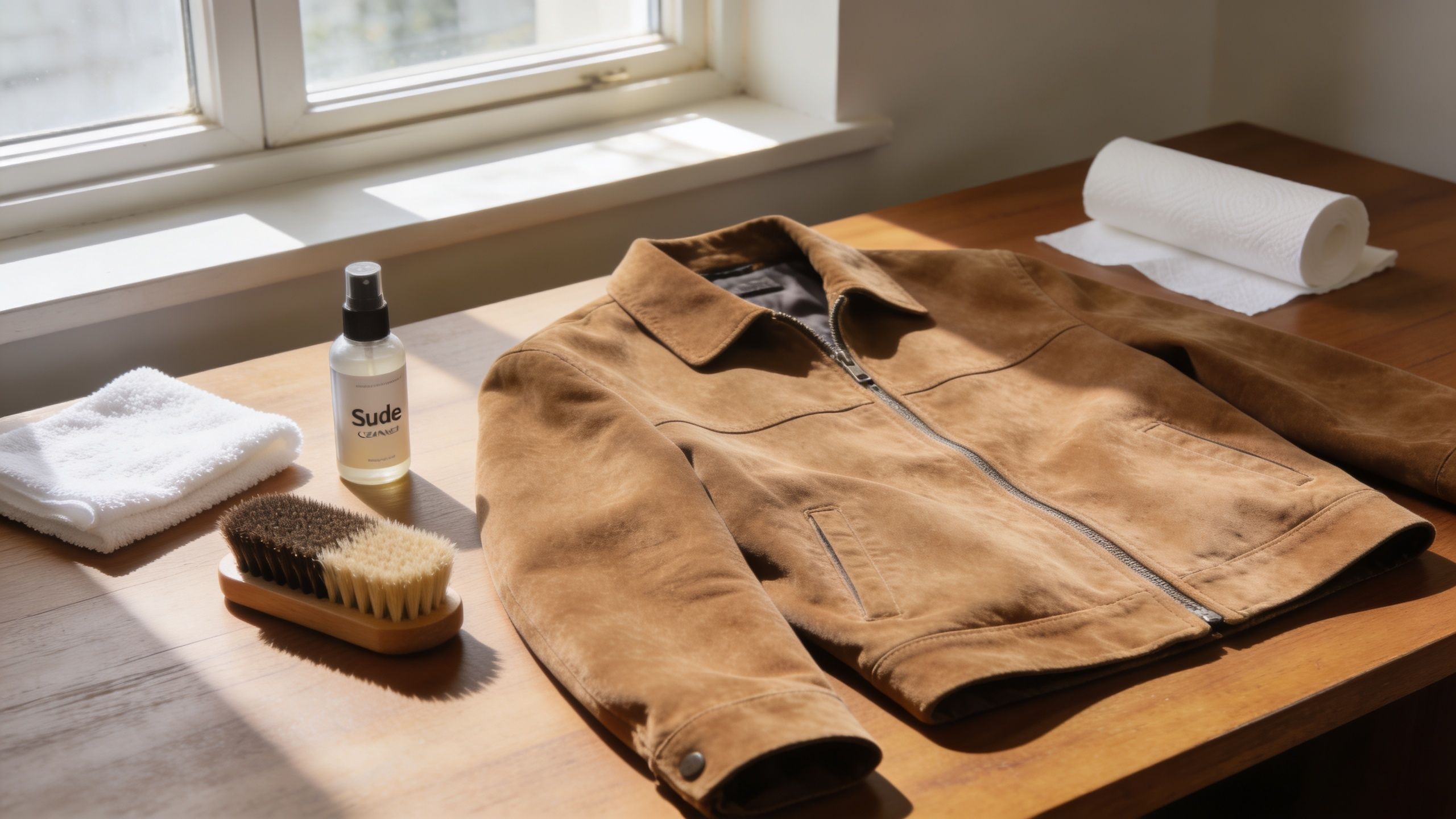 A tan suede jacket lies on a wooden surface next to cleaning tools including a brush, spray, and paper towels.
