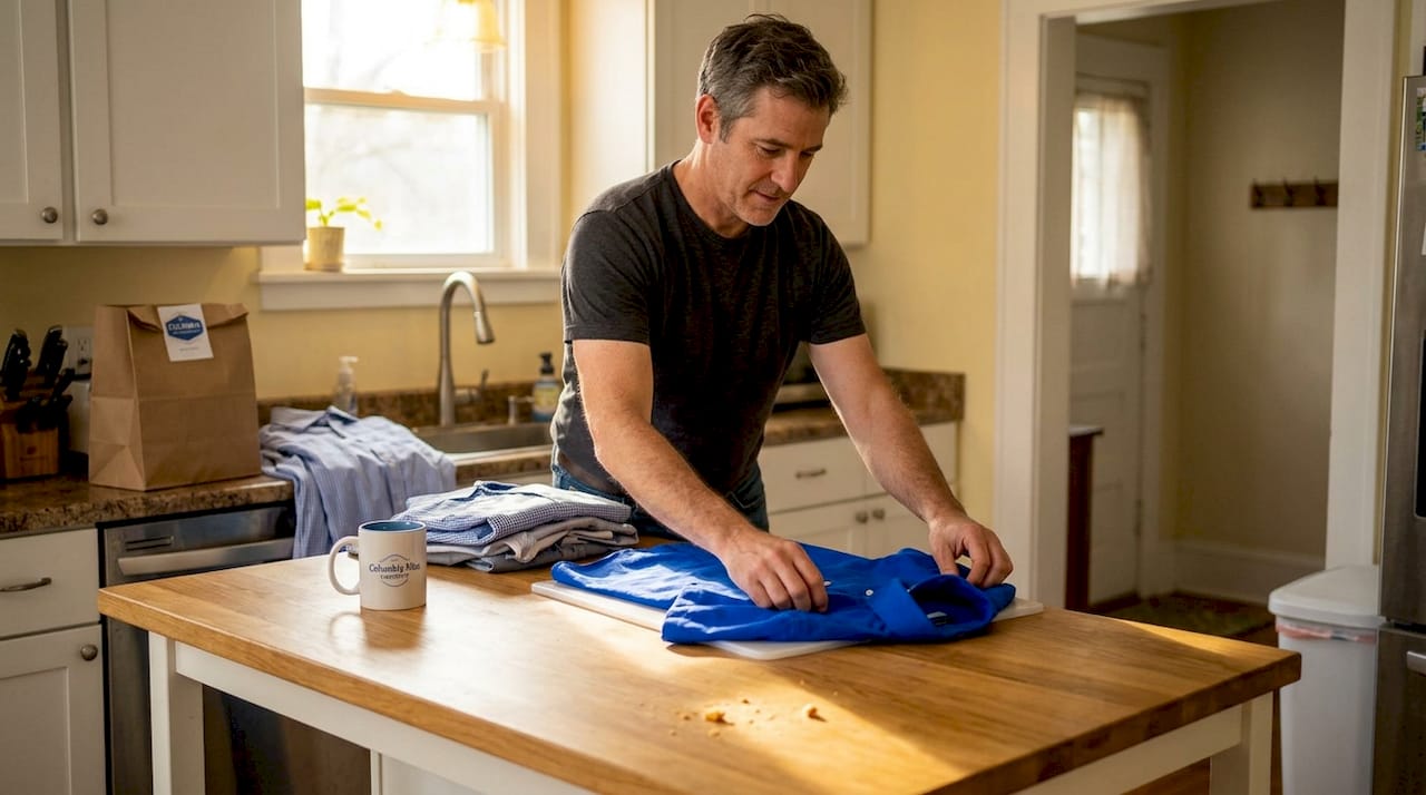 Person using folding board to fold shirt