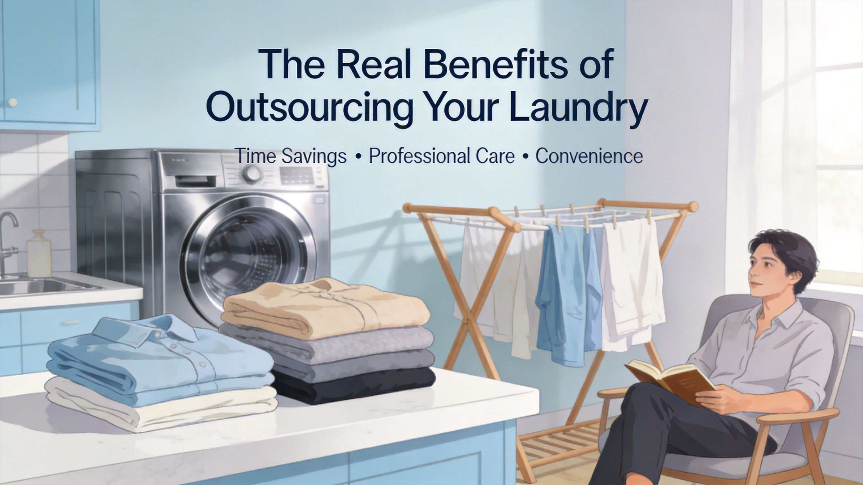 A man relaxing with a book while laundry is processed by a convenient delivery service.