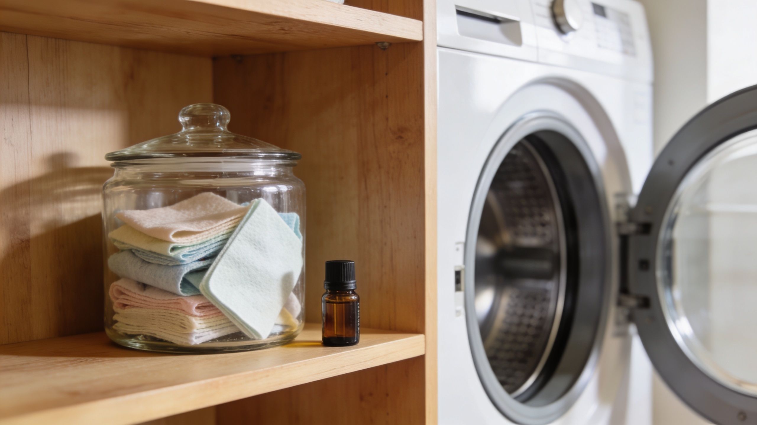 A glass jar filled with colorful reusable dryer sheets and an essential oil bottle on a wooden shelf.