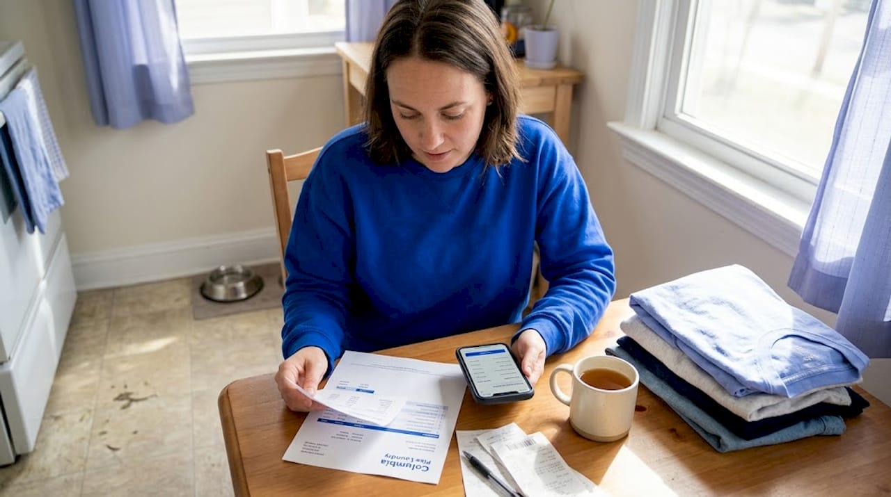 Woman reviewing laundry invoice at kitchen table