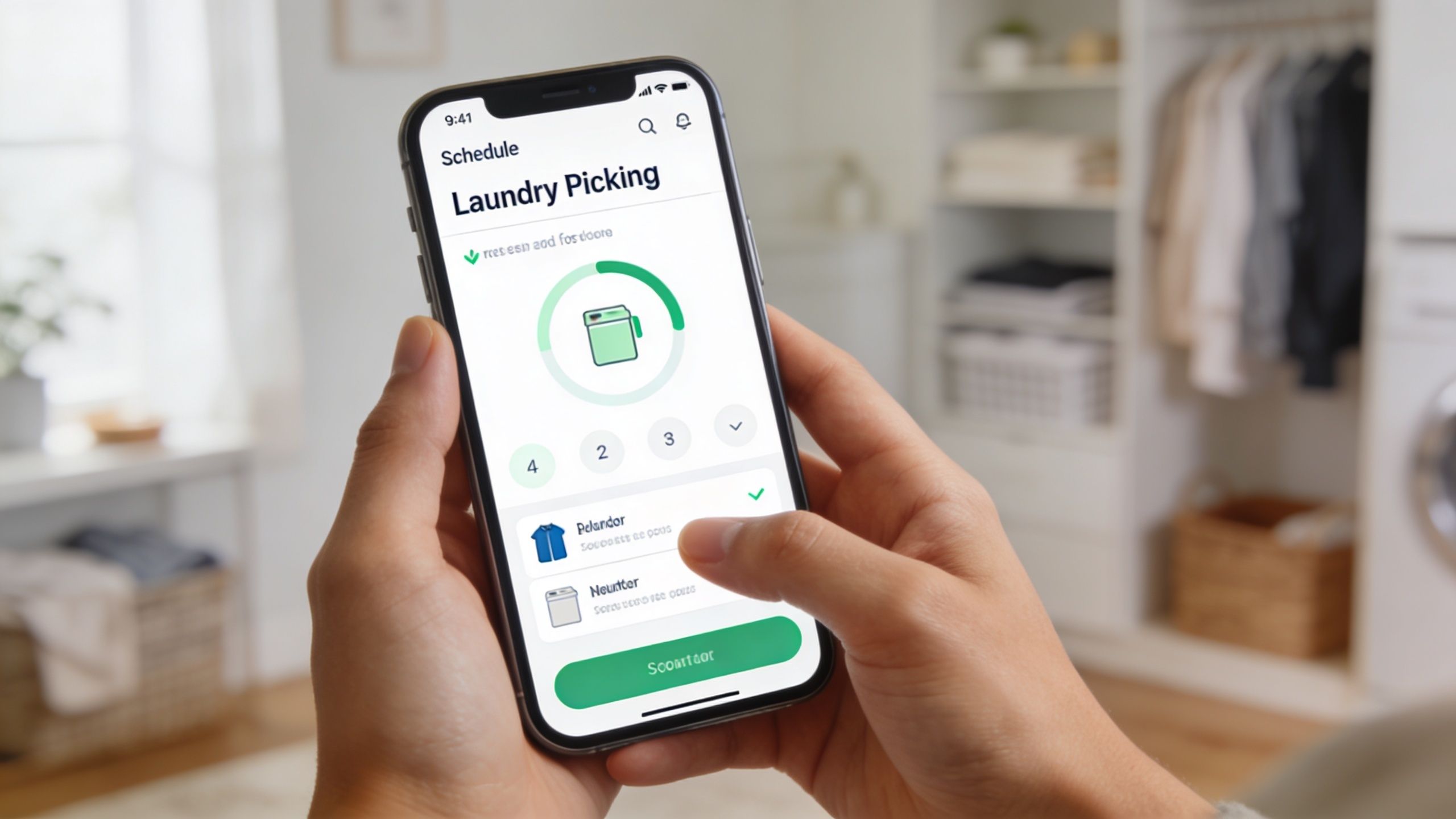 A person using a smartphone app to schedule laundry pickup and delivery services in their home.
