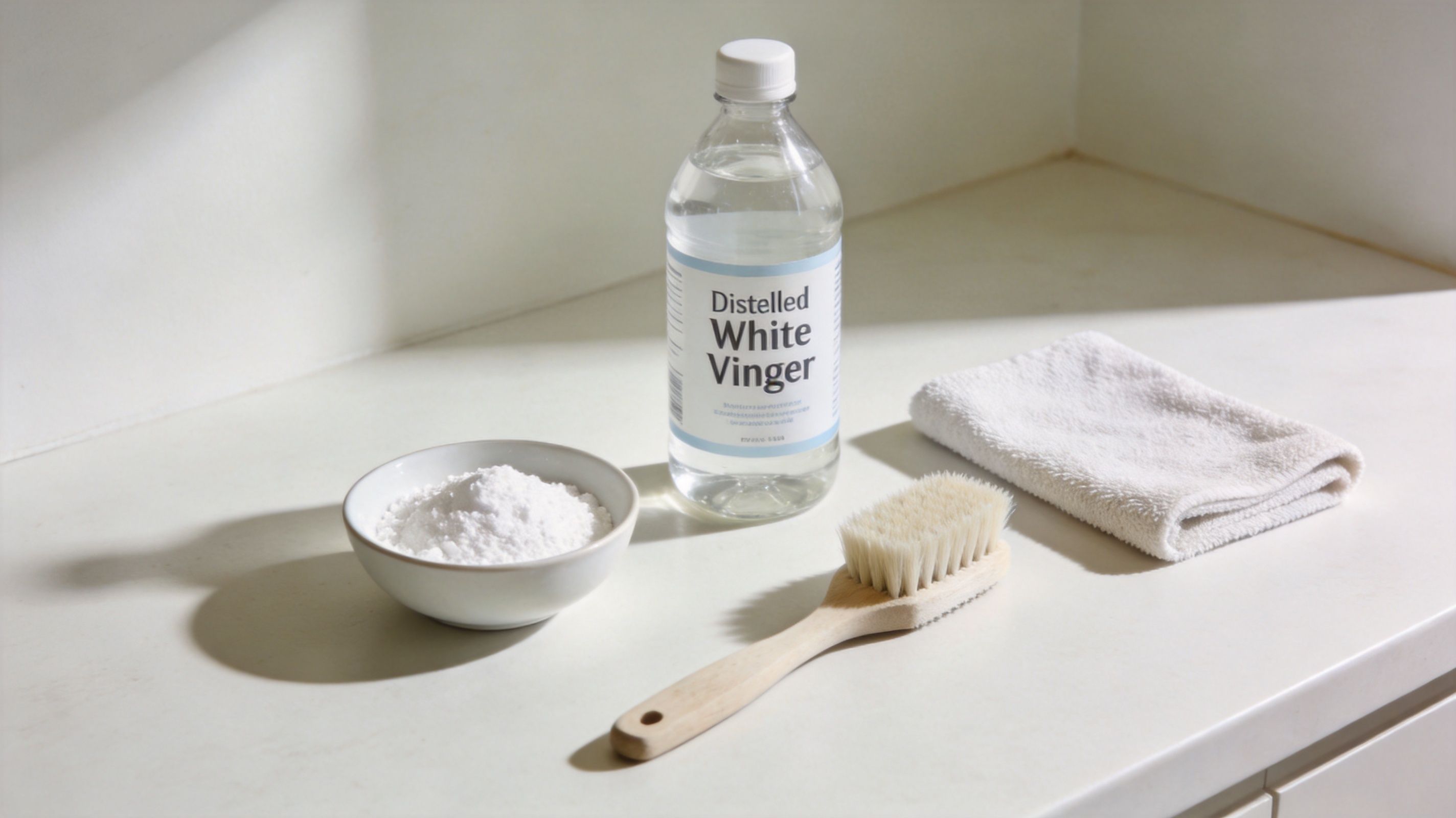 A small bowl of baking soda, a bottle of white vinegar, a scrub brush, and a cloth.