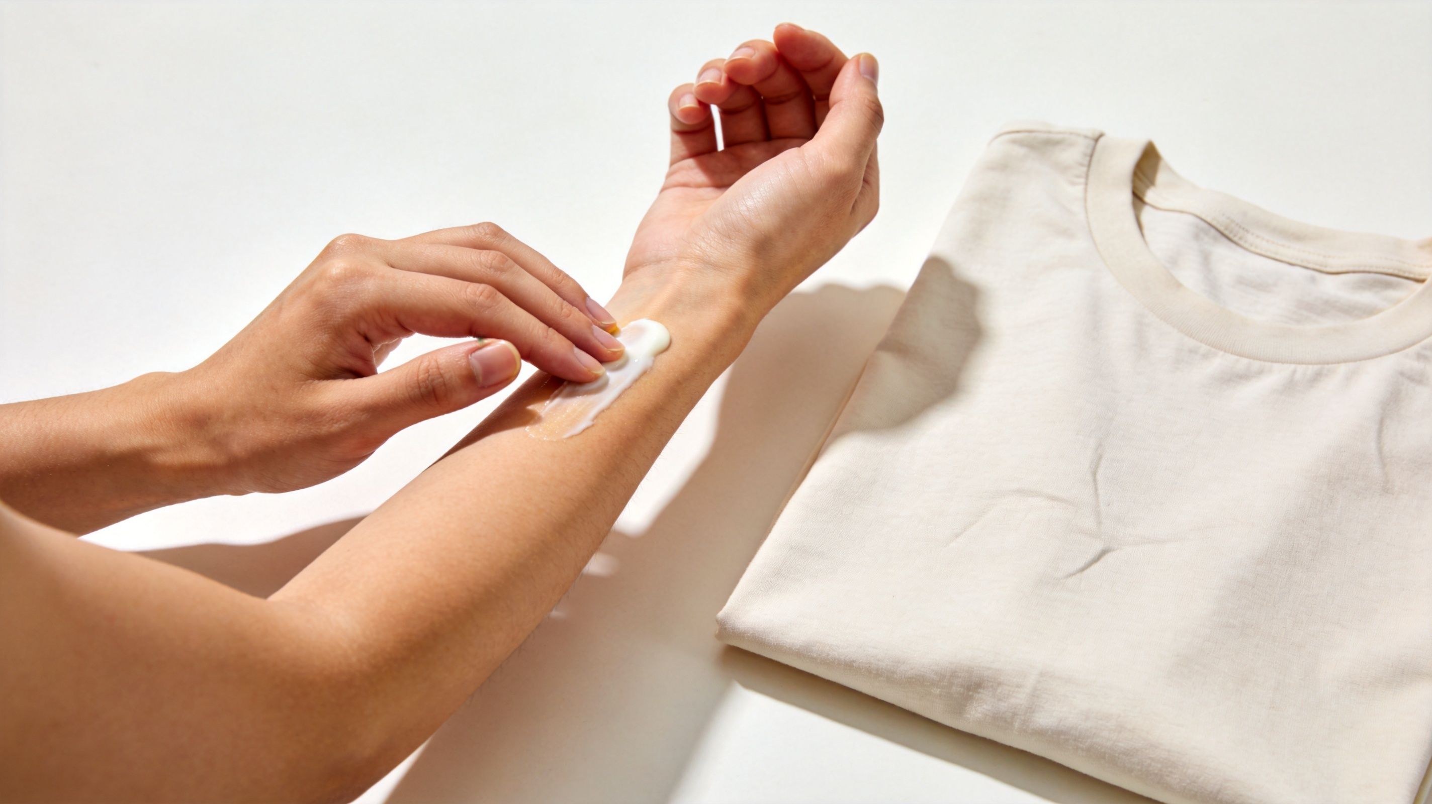 A person applying white lotion onto their forearm next to a folded beige cotton t-shirt