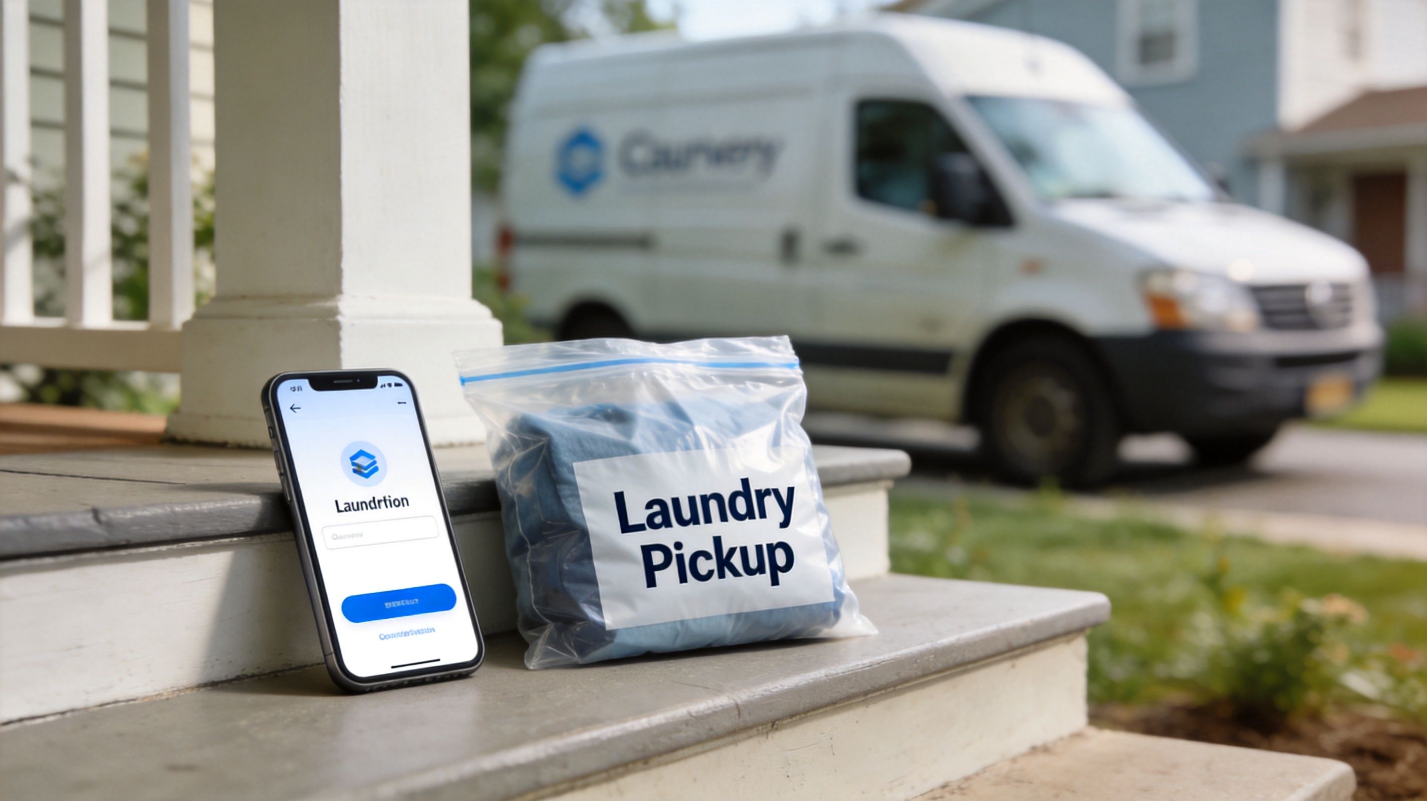 A smartphone app and a bag labeled Laundry Pickup waiting on a porch for delivery services.