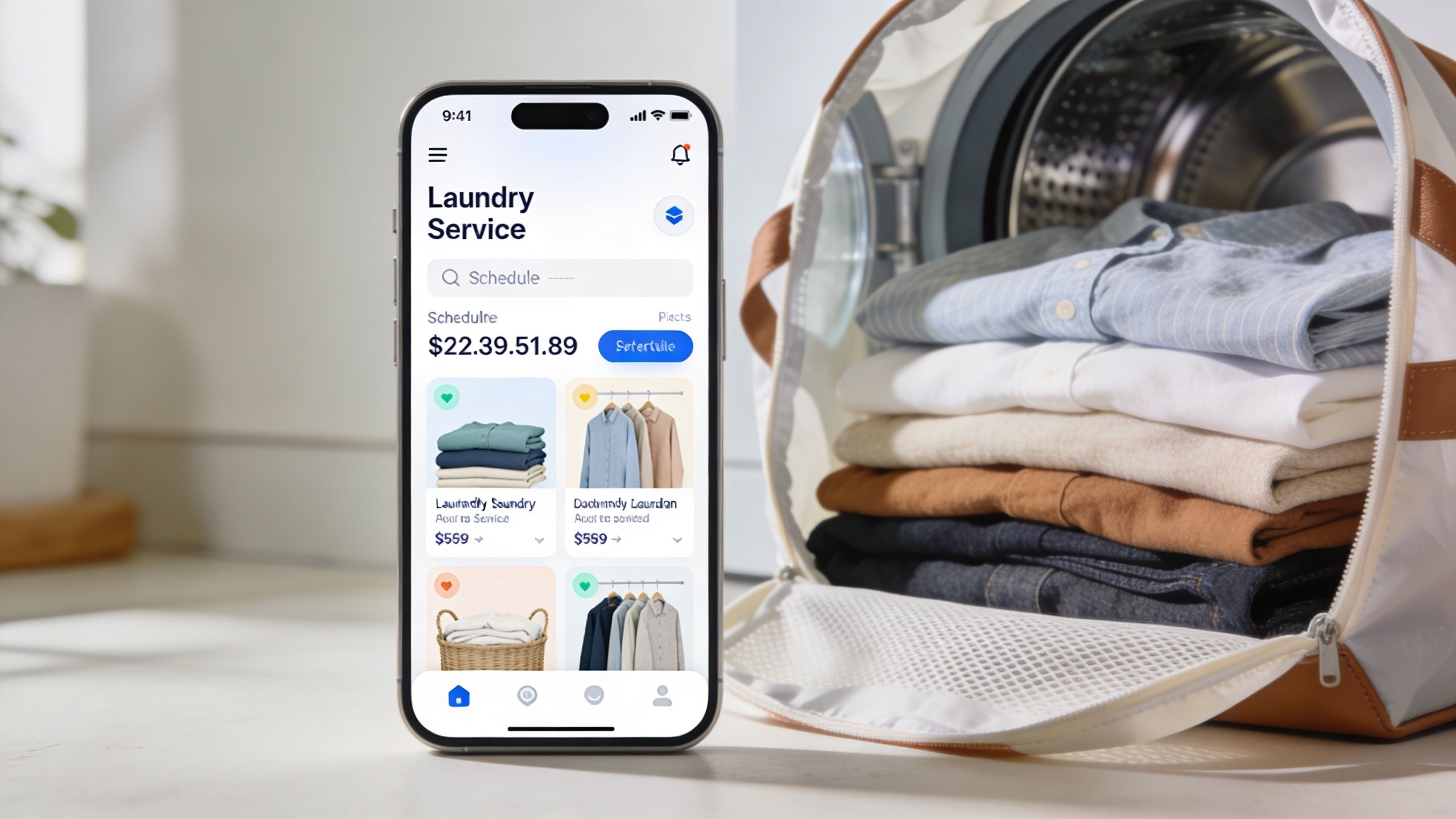 A smartphone displaying a laundry service app placed next to an open bag filled with folded clothes.