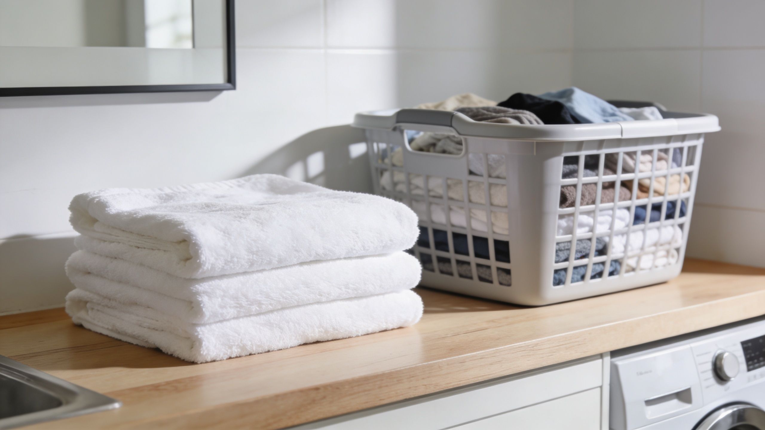 A stack of folded white towels sits next to a plastic laundry basket filled with clothes.