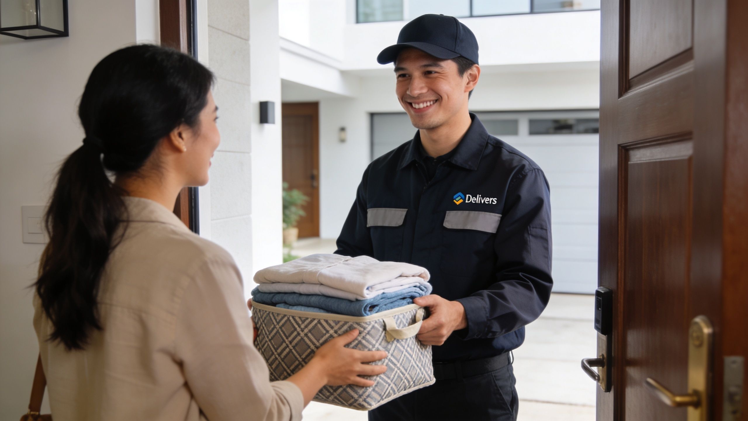 A friendly delivery worker handing a basket of folded laundry to a woman at her front door.