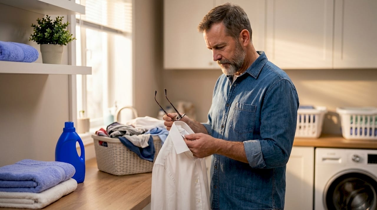 Man checks fabric tag on shirt in kitchen