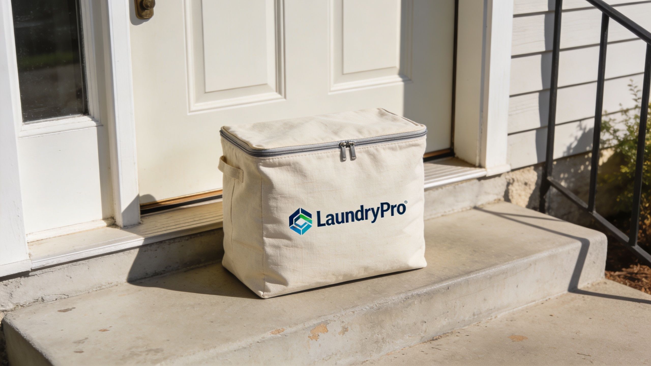 A canvas LaundryPro delivery bag sitting on the concrete porch in front of a house door.