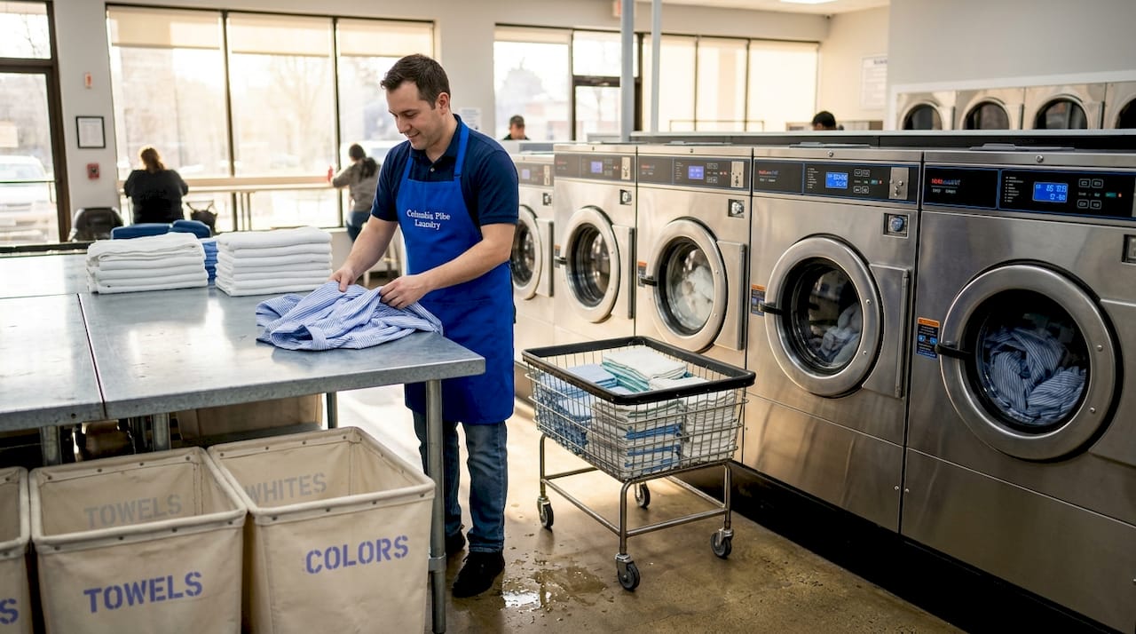Laundry attendant sorts clothes in laundromat
