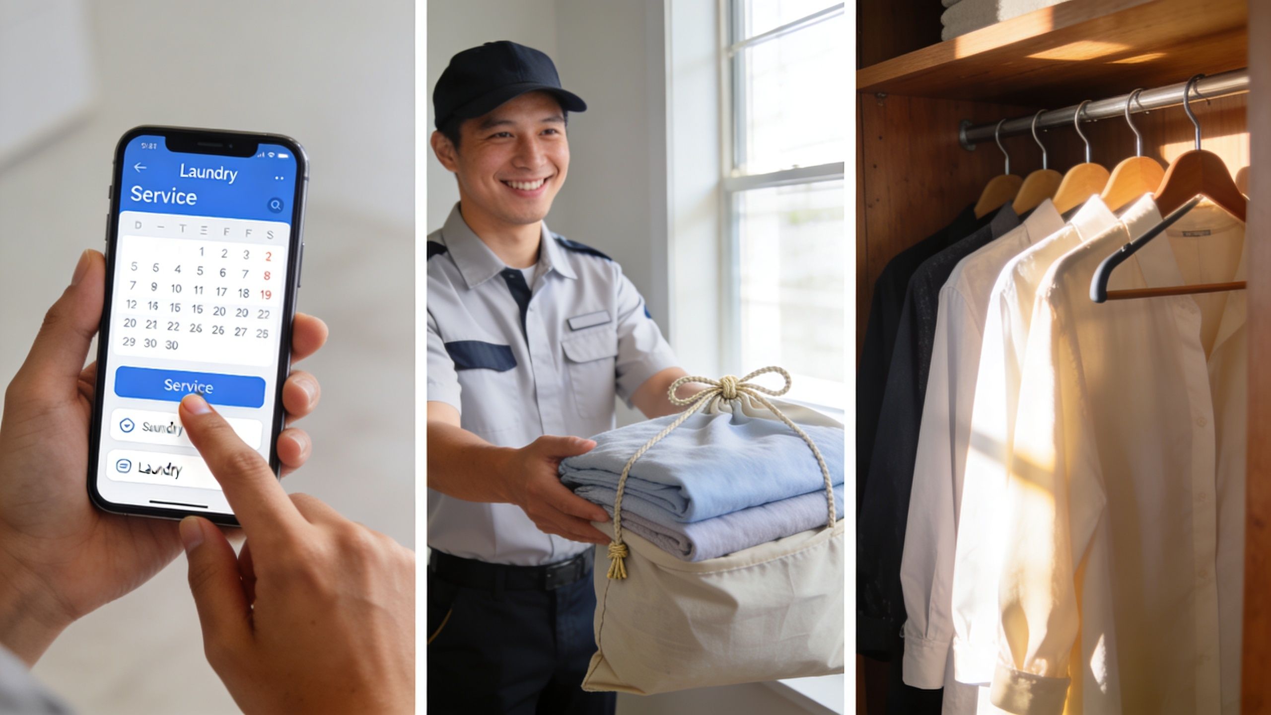 A person using a smartphone app to schedule laundry pickup and delivery services with a courier.
