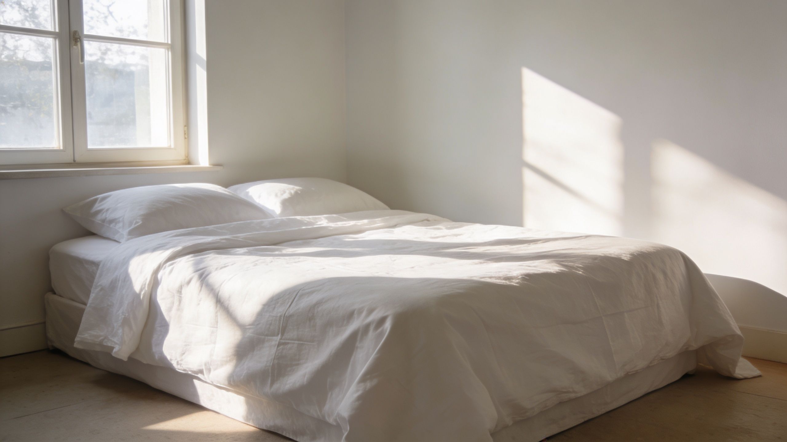 A minimalist, sunlit bedroom with a freshly made bed featuring clean, white linen sheets.