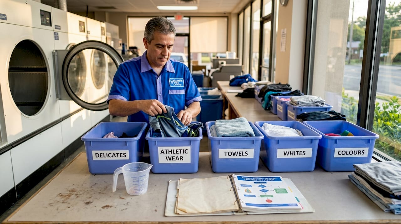 Laundry technician sorting fabrics by bins