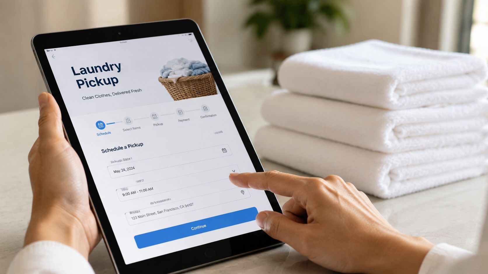 A person uses a tablet to schedule a laundry pickup service with folded white towels nearby.