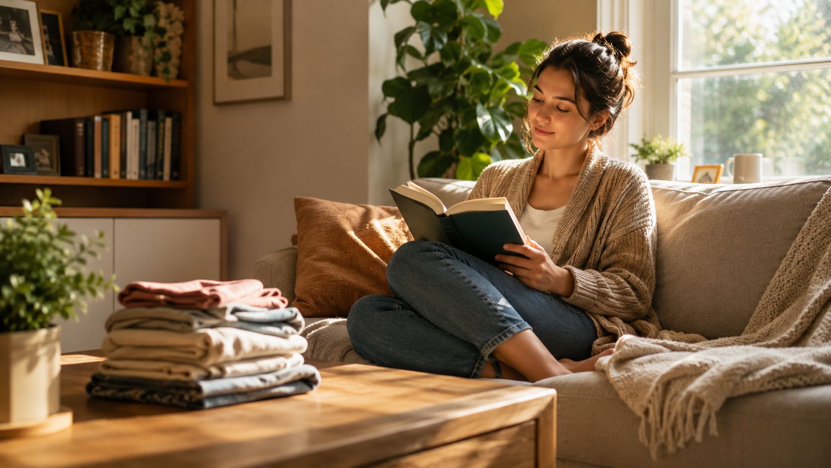 A relaxed woman reading a book on a couch beside a neat stack of folded laundry.
