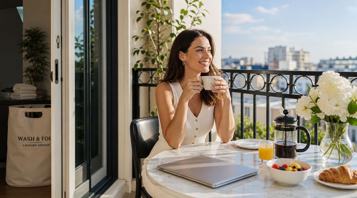 A woman smiles while enjoying coffee on a sunny balcony with a laptop and breakfast nearby.