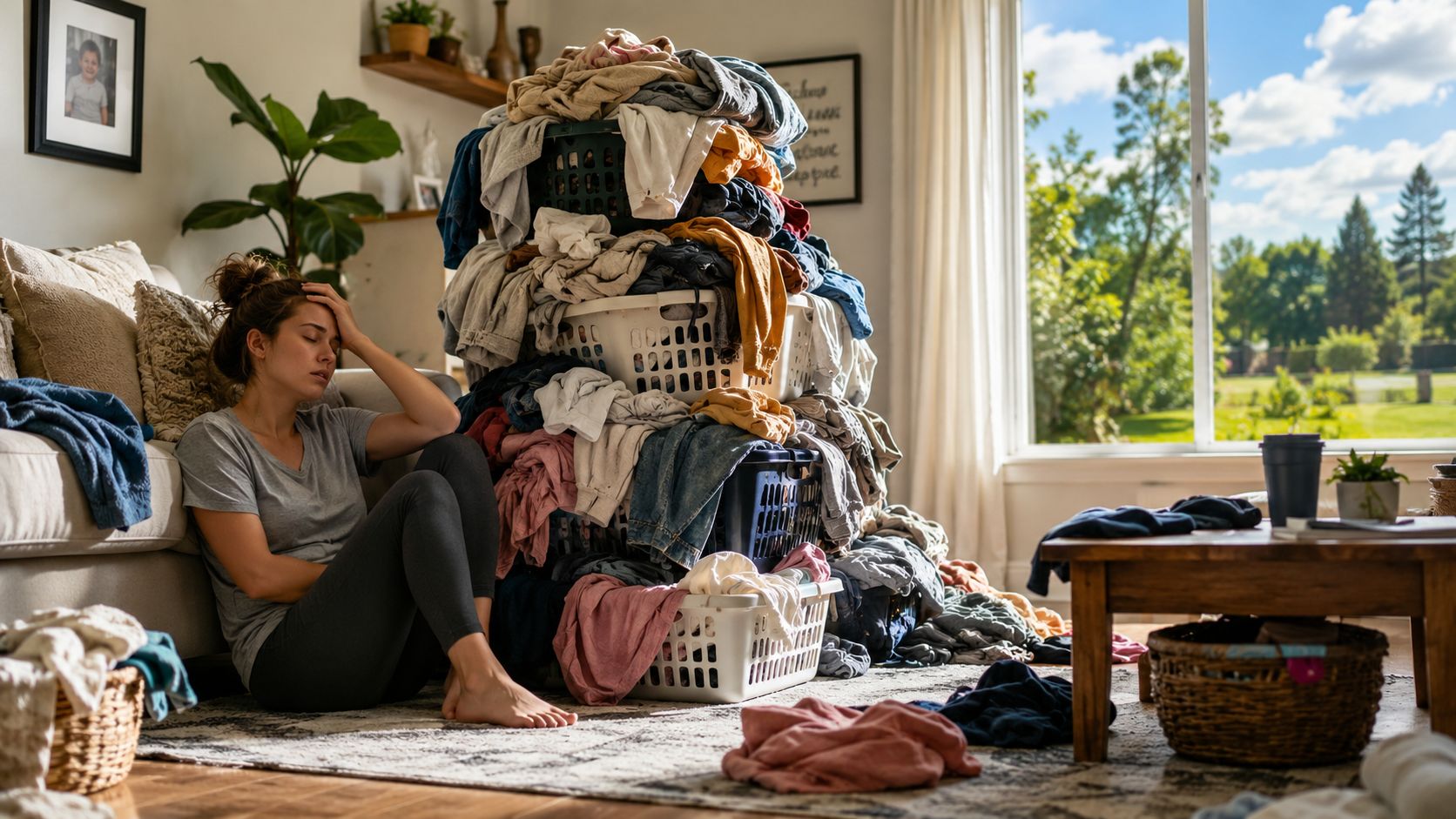 Stressed woman sitting on the floor surrounded by overwhelming piles of unsorted laundry in her living room.