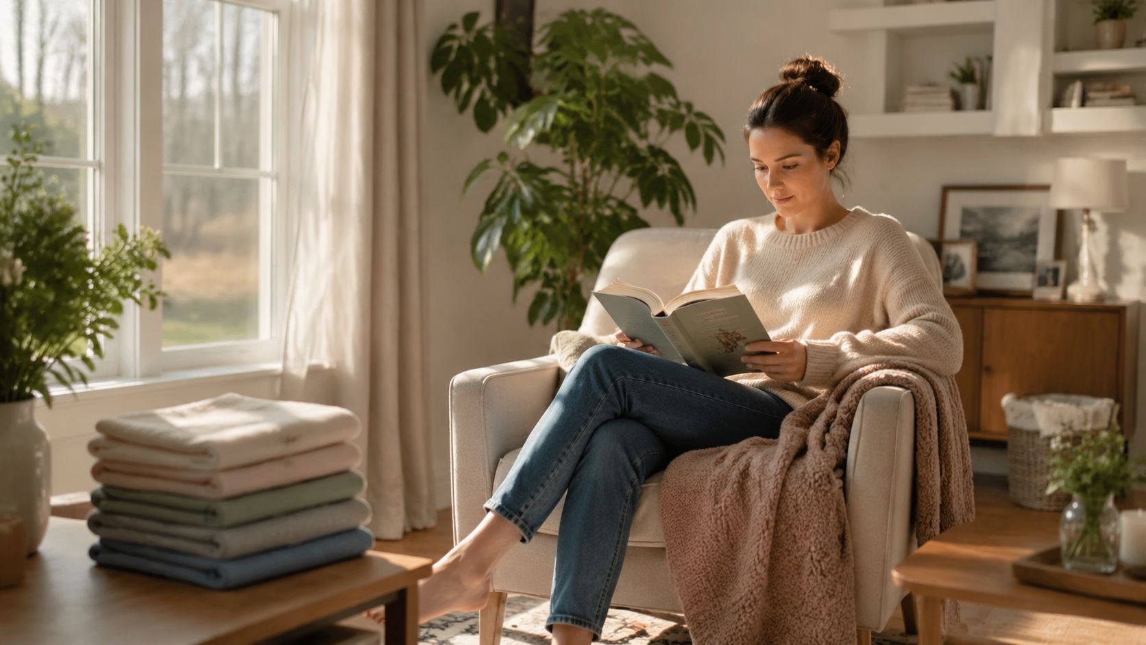 A young woman reading a book while sitting comfortably in an armchair with folded laundry nearby.
