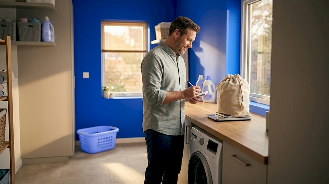 Father weighing full laundry bag at home