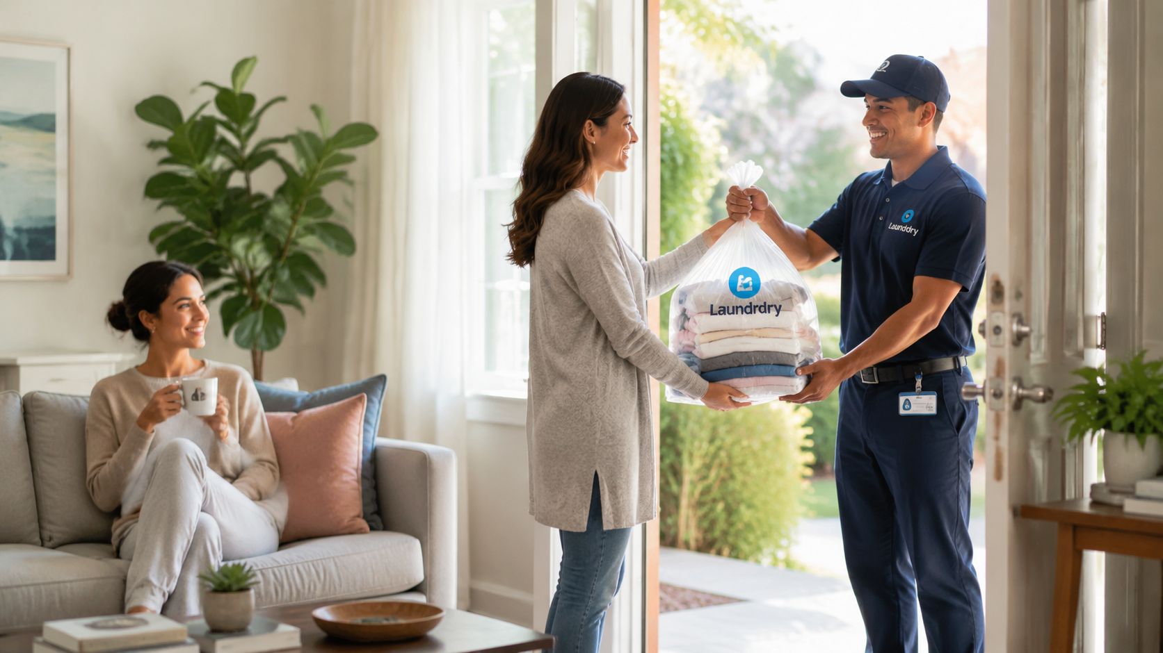 A friendly delivery person handing a bag of folded laundry to a woman at her home doorway.