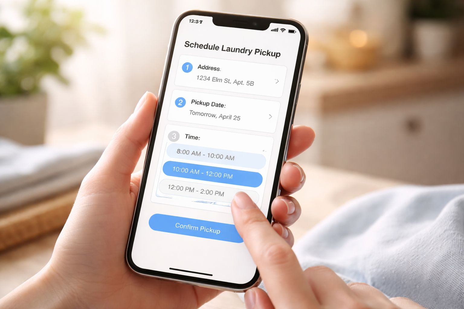 A person using a laundry service app on a smartphone to schedule a pickup time.
