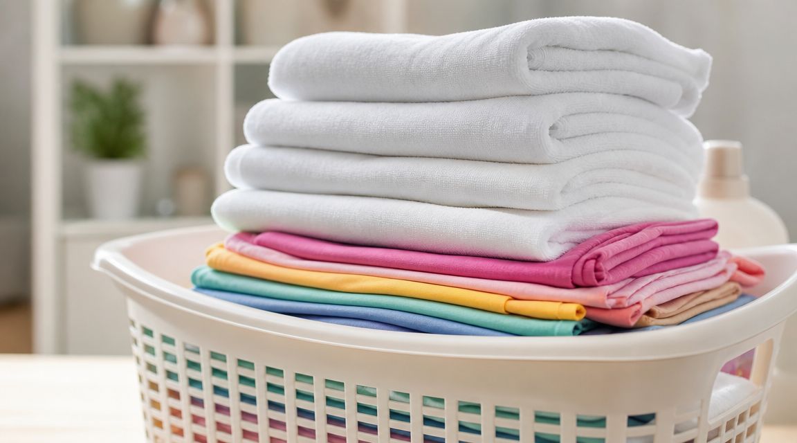 A laundry basket filled with neatly folded stack of white towels and colorful clothes.
