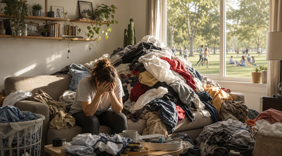 A stressed woman sits on a couch covered in a massive pile of unwashed laundry at home.