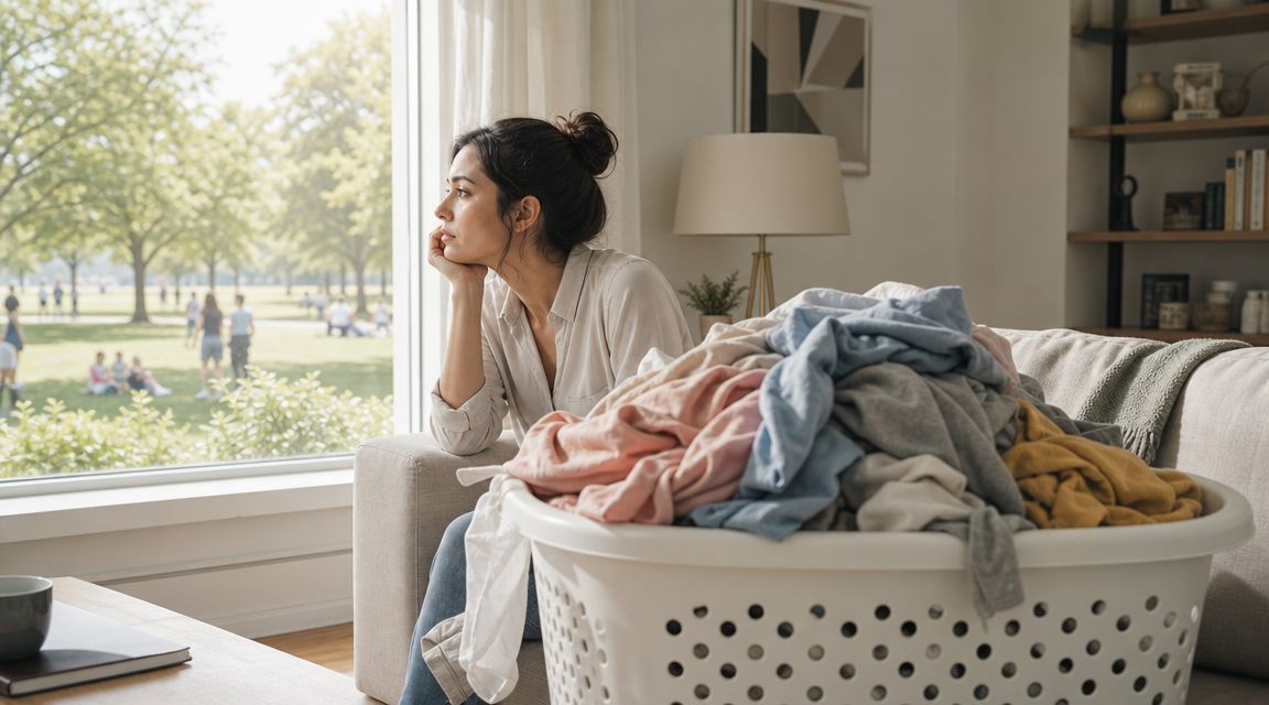 A woman sits on a sofa, looking out the window, beside a full laundry basket of clothes.