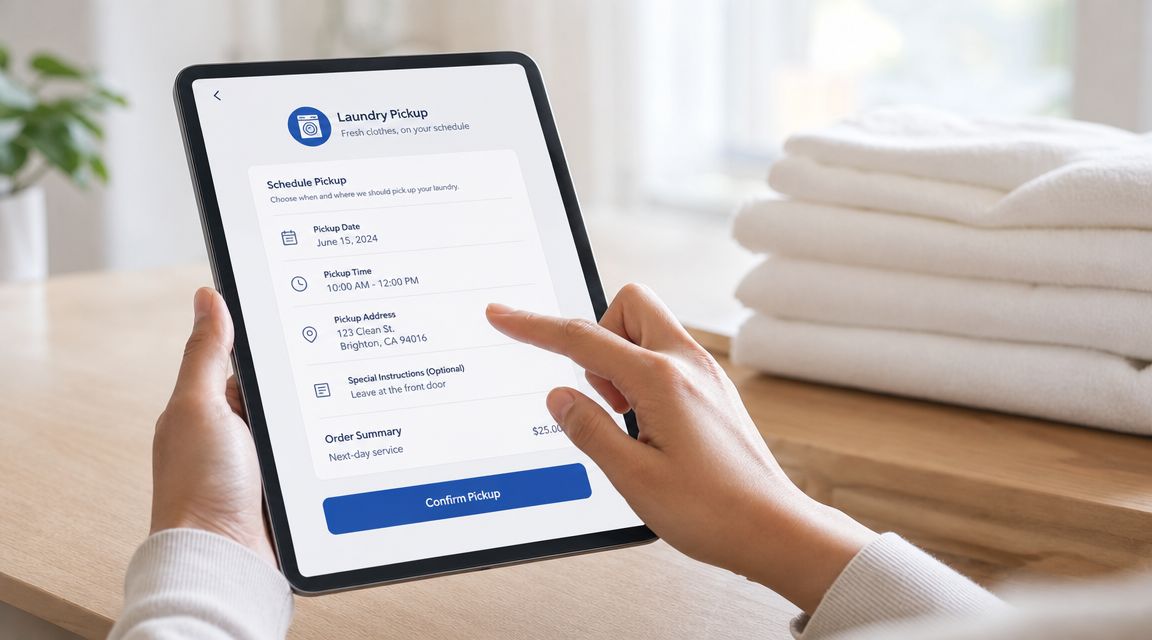 A person using a tablet to schedule a laundry pickup service online with clear selection fields.