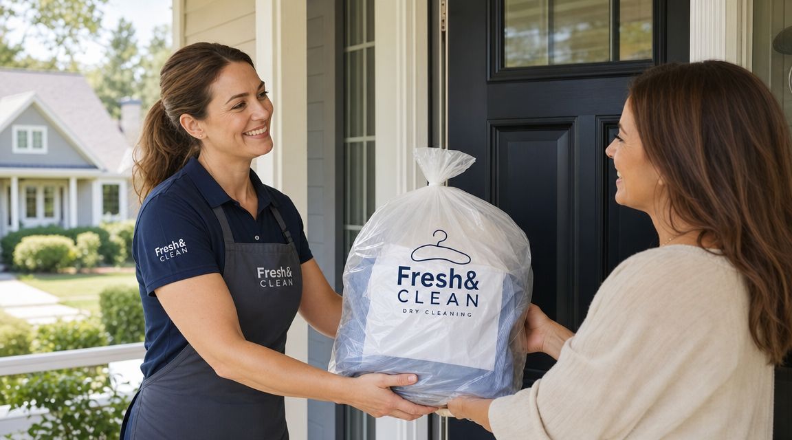 A friendly delivery person handing a bag of clean clothing to a customer at her front door.