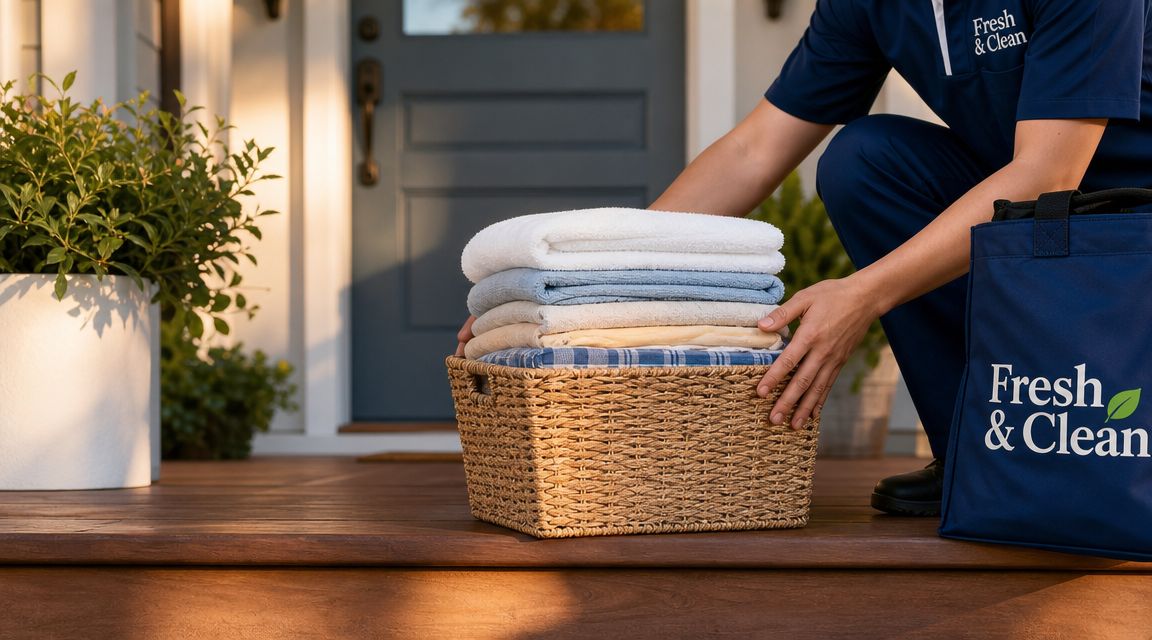 A professional laundry service worker delivering a basket of freshly folded towels to a customer's front door.