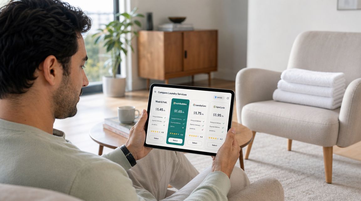 A man sitting in a living room viewing a laundry service comparison app on a tablet screen.