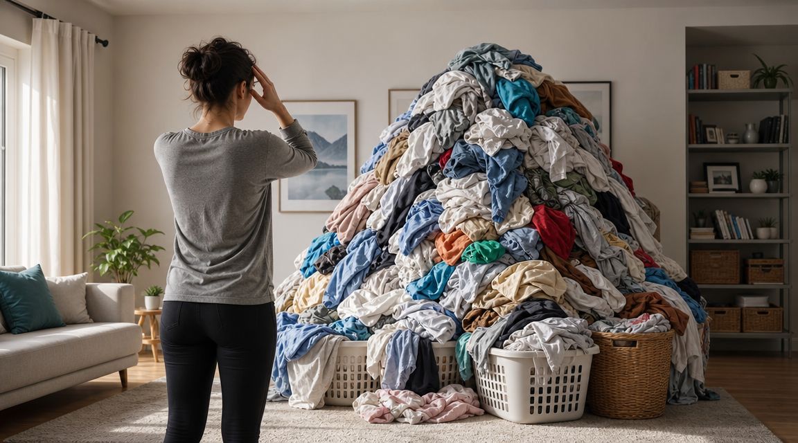 A stressed woman stands before a massive, overwhelming pile of unorganized laundry in a home living room.