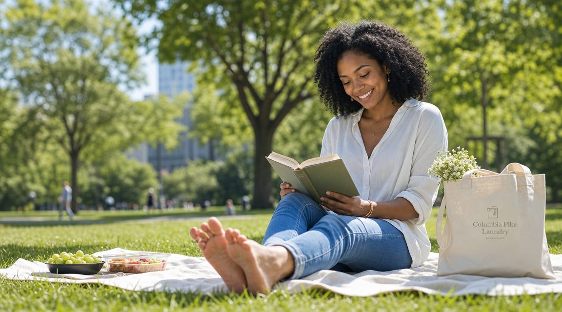 A woman with curly hair smiles while reading a book on a picnic blanket in a park.