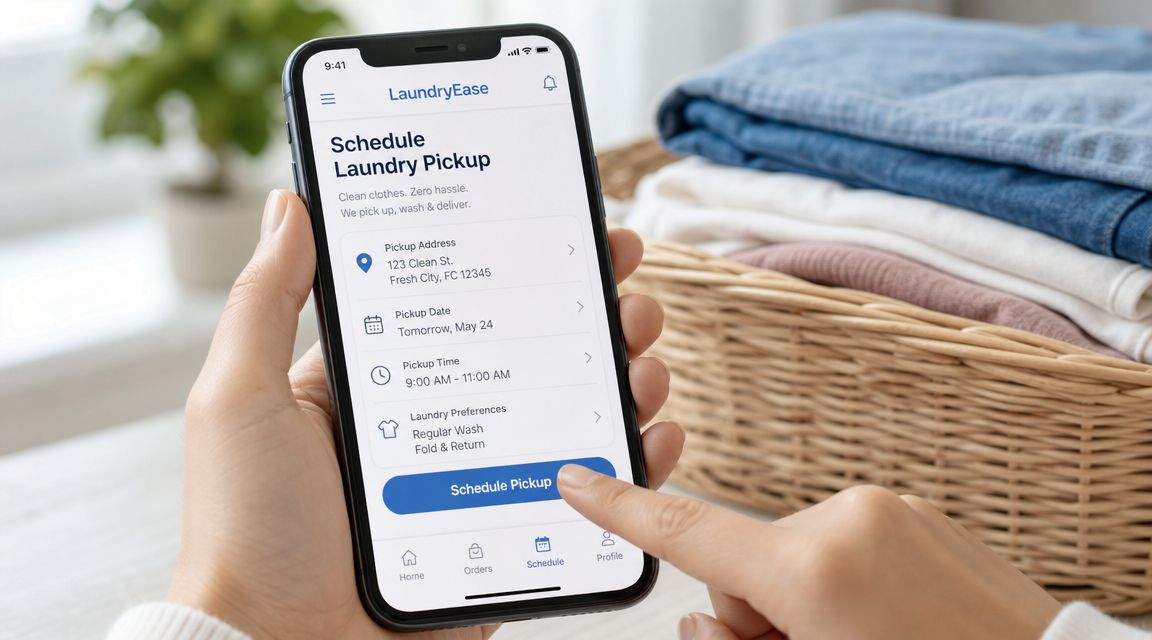 A person using a smartphone app called LaundryEase to schedule a wash and fold laundry pickup service.