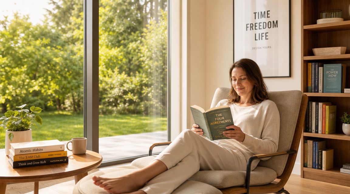 A woman relaxes in a chair by a large window while reading a book in a peaceful room.