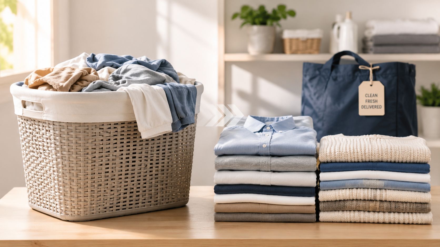A laundry basket filled with clothes next to neatly folded stacks of clean laundry on a wooden table.