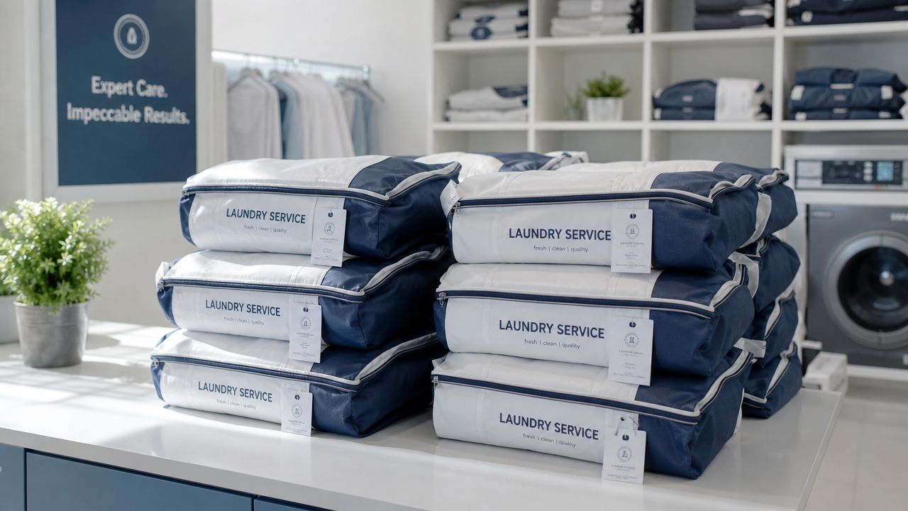 Stacks of professionally packed laundry service bags sitting on a clean white counter in a modern shop.