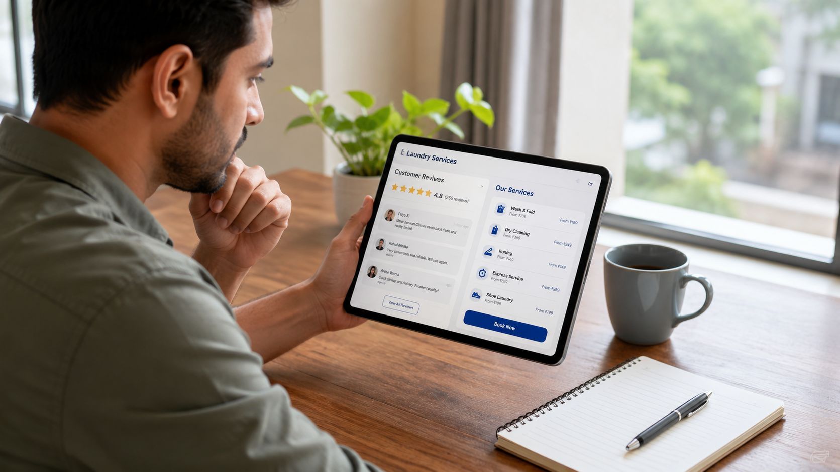 A man using a tablet to view laundry service options and customer reviews at his wooden desk.