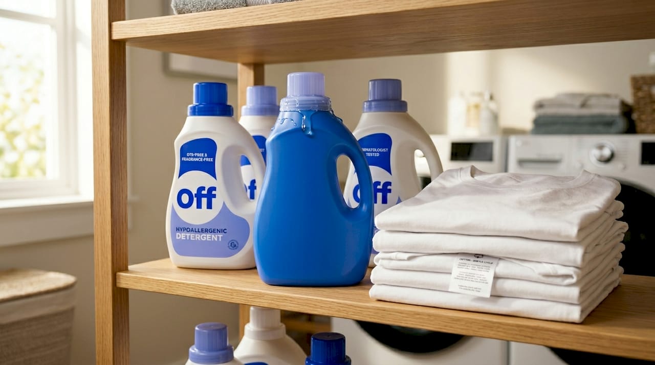 Close-up of dye-free detergent bottles