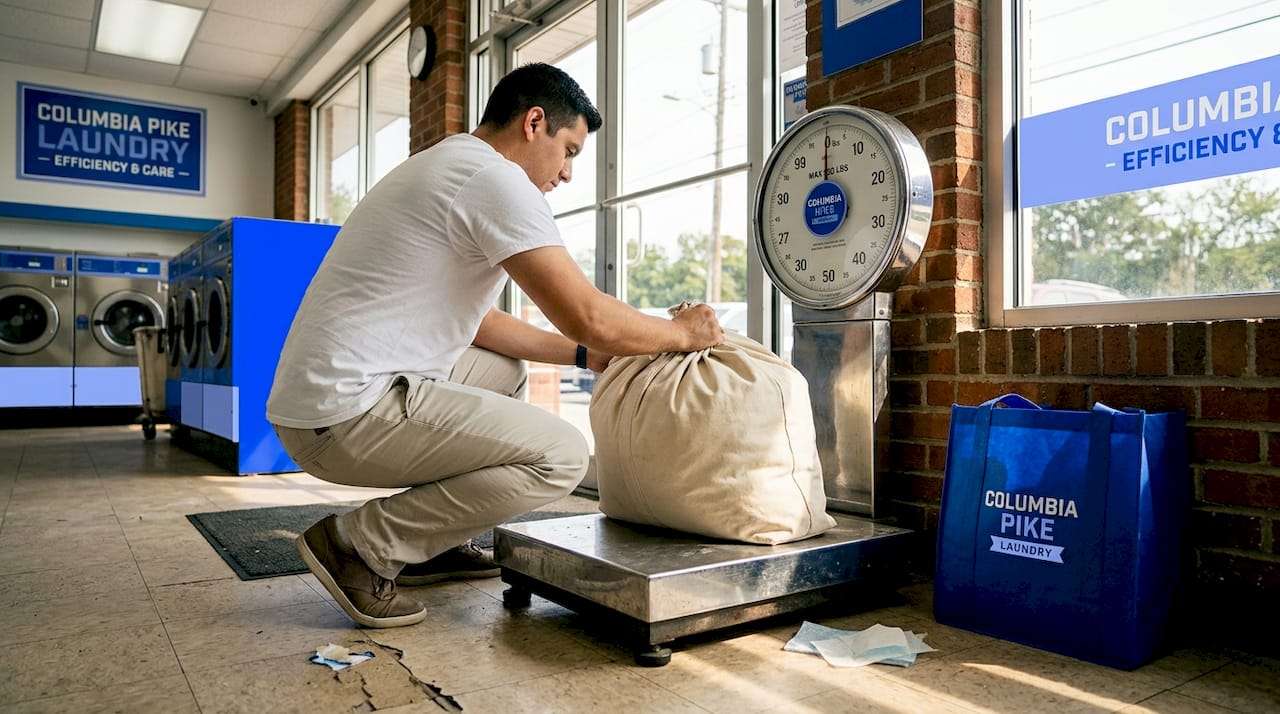 Laundry bag being weighed on laundromat scale
