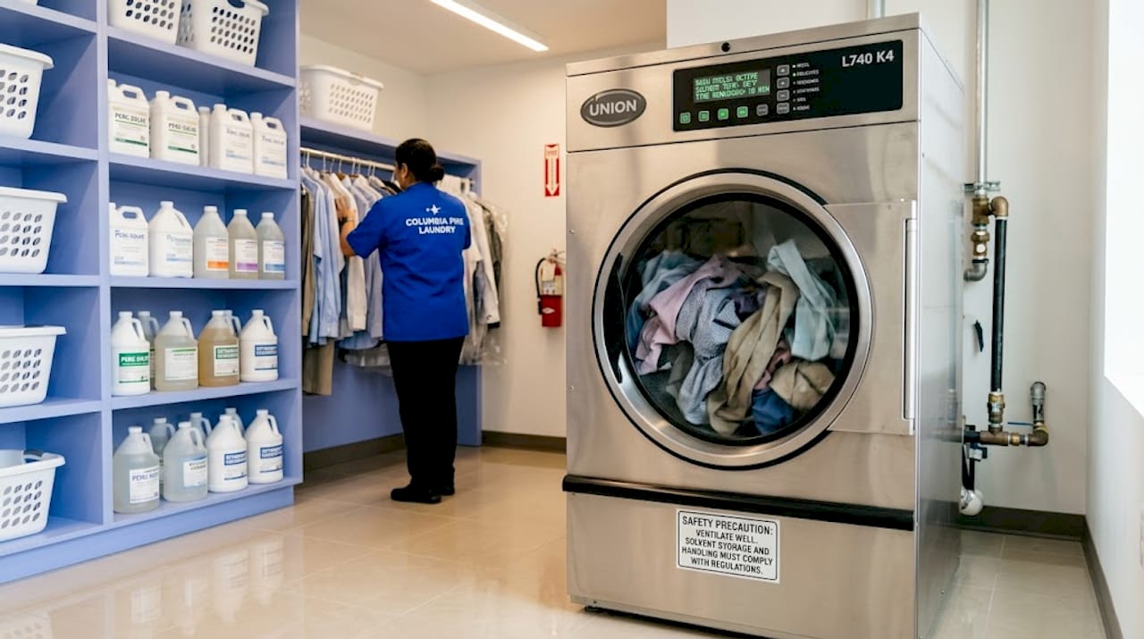 Solvent cleaning machine with clothes tumbling inside