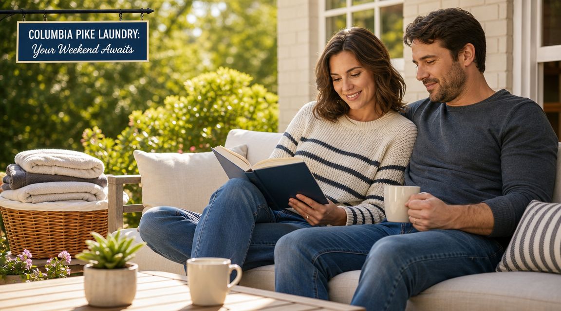 A happy couple sitting on a patio sofa, relaxing with coffee and a book near a laundry basket.