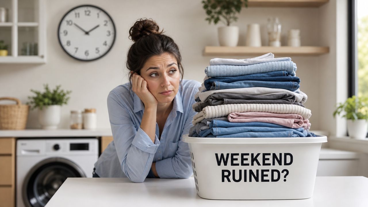A woman looking stressed at a large pile of folded laundry in a basket labeled Weekend Ruined.