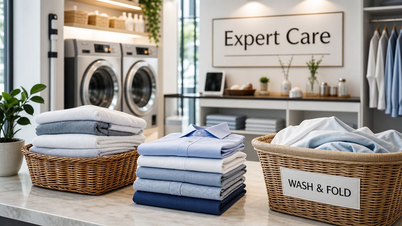 Baskets of folded laundry and ironed shirts sit on a counter in a clean professional laundry service.
