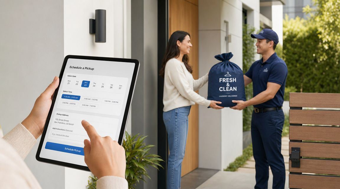 A person uses a digital tablet to schedule a laundry pickup while a courier delivers a laundry bag.