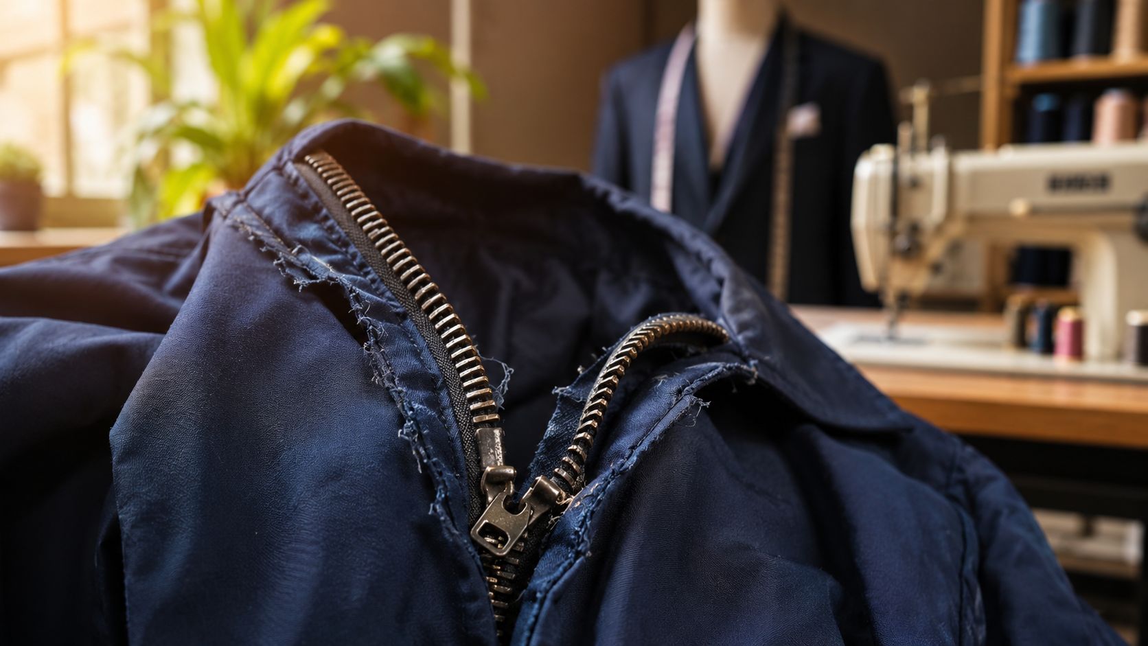 A close-up of a damaged blue jacket zipper lying on a tailor's workbench in a workshop.